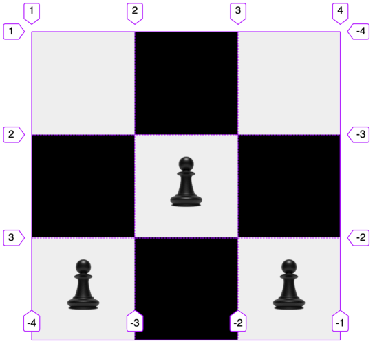 Screenshot of a 3x3 grid with 3 grid items styled like a chessboard and pieces