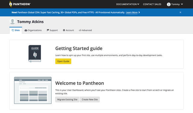 Dashboard page on Pantheon